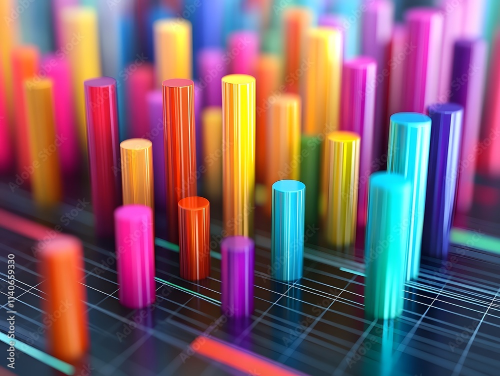 Bar chart with colorful bars rising from a digital graph Bar chart with colorful bars rising from a digital graph