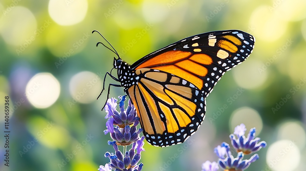 Fototapeta premium A Butterfly’s Graceful Pause on Lavender with Sunlit Greenery Behind