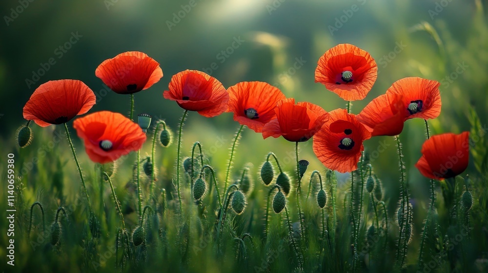 Obraz premium Bright red poppies blooming in green meadow, wildflowers in the field, summer landscape, Generative AI