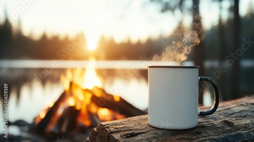 A warm mug of coffee emanates steam beside a glowing campfire, amidst a tranquil forest and lake setting, inviting calm and introspection at sunrise.