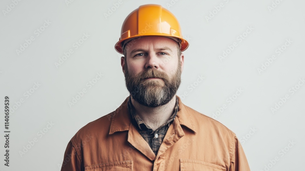 onfident 40-year-old man with a beard in a construction worker uniform, wearing a hard hat, standing against a plain white background. onfident 40-year-old man with a beard in a construction worker uniform, wearing a hard hat, standing against a plain white background.