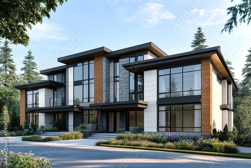 3D rendering of two-storey townhouses with a modern exterior design in Vancouver photo