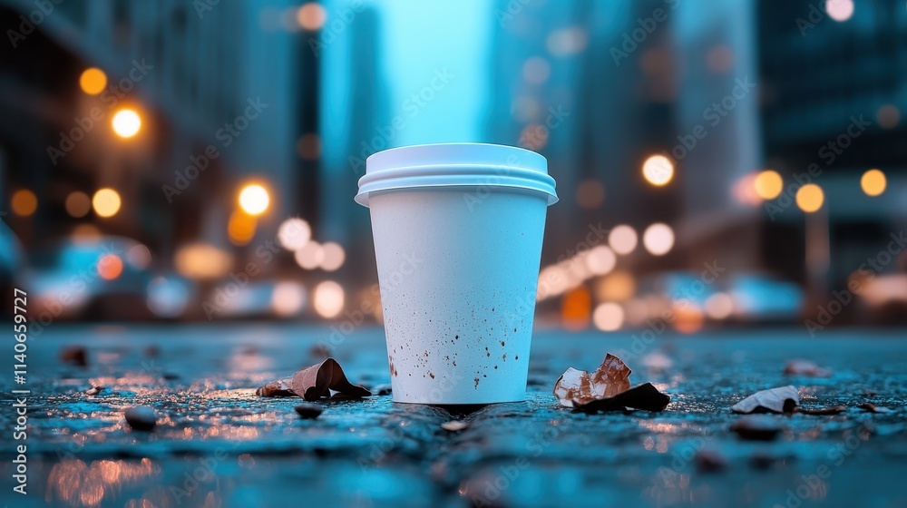 A solitary coffee cup rests on the city pavement under rainy weather, encompassed by blurry car lights, symbolizing solitude and the hustle of urban existence. A solitary coffee cup rests on the city pavement under rainy weather, encompassed by blurry car lights, symbolizing solitude and the hustle of urban existence.