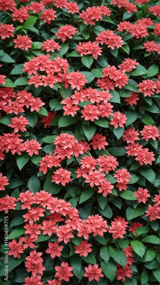 Petite pink Ixora blooms scattered across vibrant green leaves, flowers, pink Petite pink Ixora blooms scattered across vibrant green leaves, flowers, pink