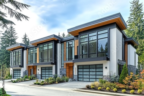 3D rendering of two-storey townhouses with a modern exterior design in Vancouver