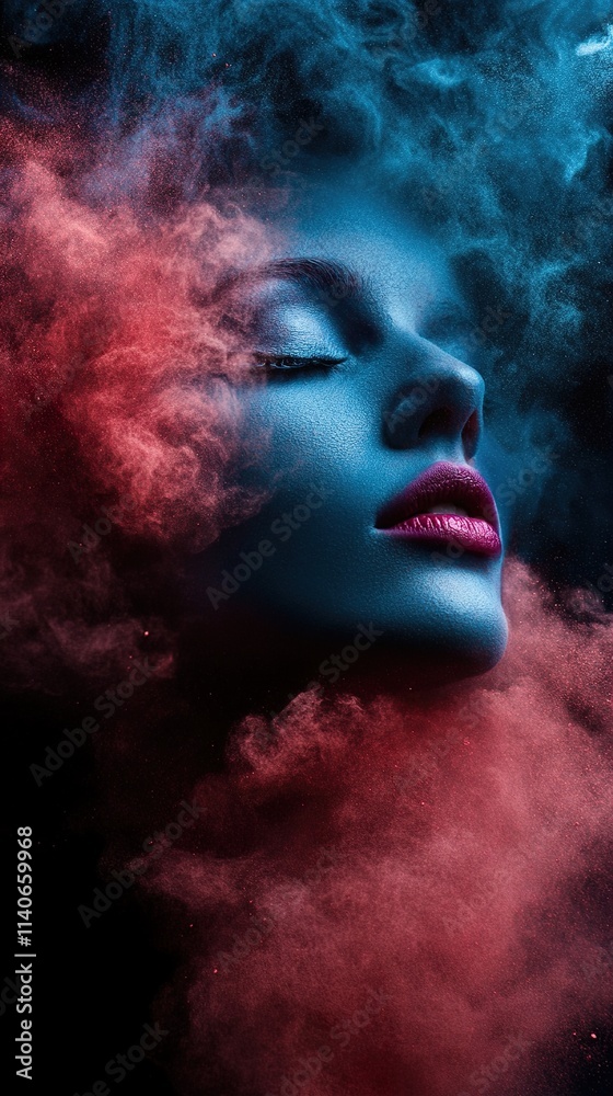 A woman's face emerges from a vibrant cloud of red and blue powder, a captivating portrait. A woman's face emerges from a vibrant cloud of red and blue powder, a captivating portrait.