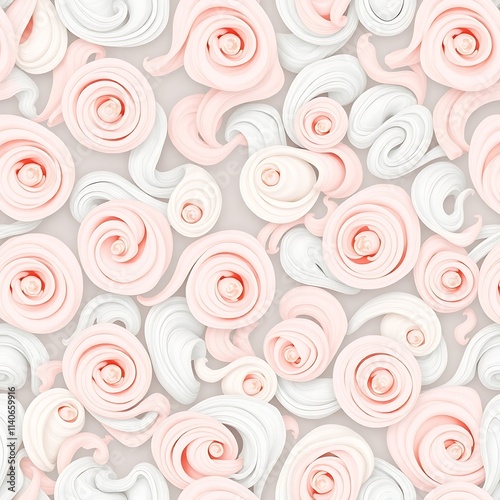 Whimsical Rose Swirls: A delightful seamless pattern of pastel pink and white rose swirls, creating a dreamy and romantic design perfect for backgrounds, textiles, and more. 