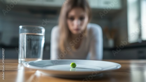 Sad woman looking at empty plate with one green pea in it. Binge eating disorders, mental health, depression, food refusal