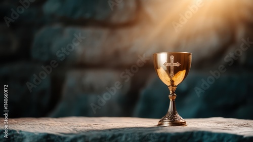 This photograph depicts an ornate chalice in a rocky stone setting, illuminated by a beam of warm light, highlighting its intricate engravings and religious iconography. photo