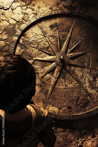 A wanderer staring at an ancient sundial its shadow pointing in multiple directions. photo