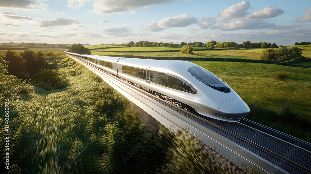 Fototapeta premium A modern high-speed train speeding across a rural landscape, with blurred motion and lush green fields in the background