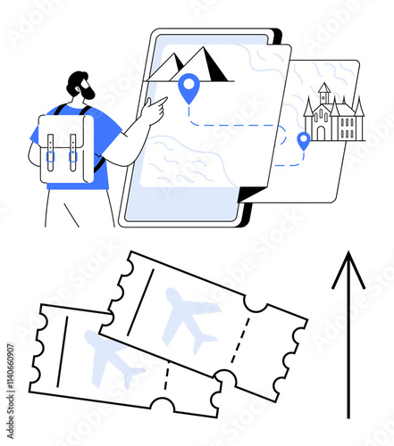 Traveler with backpack using tablet to navigate maps showing mountain and castle destinations accompanied by two airplane tickets and upward arrow. Ideal for travel planning, navigation, tourism