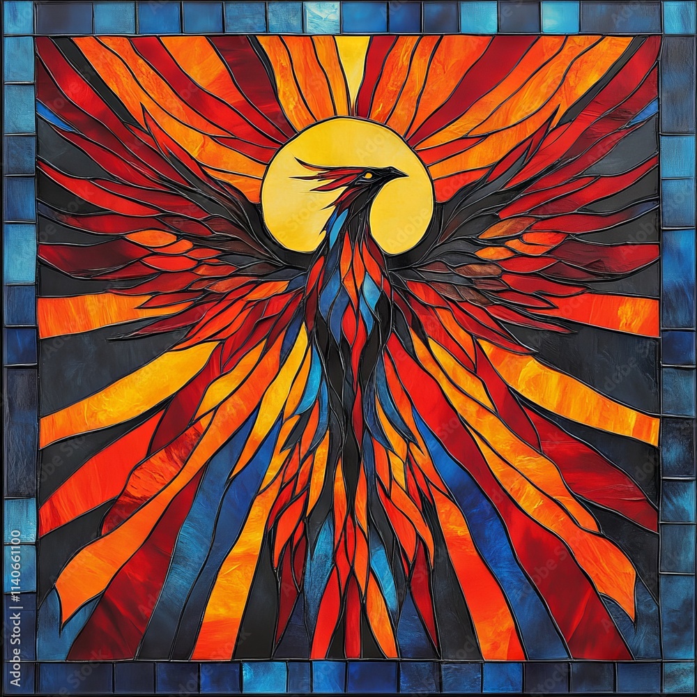 Fototapeta premium Stained glass mythical bird with sun and rays