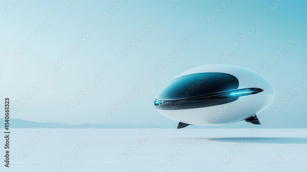 Obraz premium The futuristic pod, resembling a sleek and rounded design, hovers silently over a serene and minimalist landscape, symbolizing innovation and tranquility in technology.