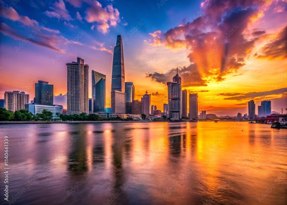 Fototapeta premium Saigon Sunset Panorama Silhouette - Ho Chi Minh City River Skyline Photography