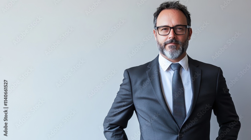 Handsome middle-aged man with a neatly trimmed beard, wearing glasses and a business suit, standing against a white background, exuding professionalism. Handsome middle-aged man with a neatly trimmed beard, wearing glasses and a business suit, standing against a white background, exuding professionalism.