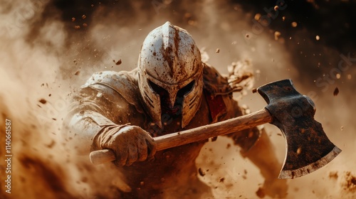 A strong medieval warrior, clad in weathered armor, charges forward with an axe, creating an intense scene of action and determination amidst flying debris. photo