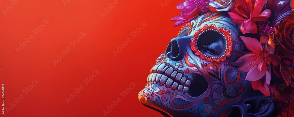 Fototapeta premium Sugar skull decorated with flowers for day of the dead celebration
