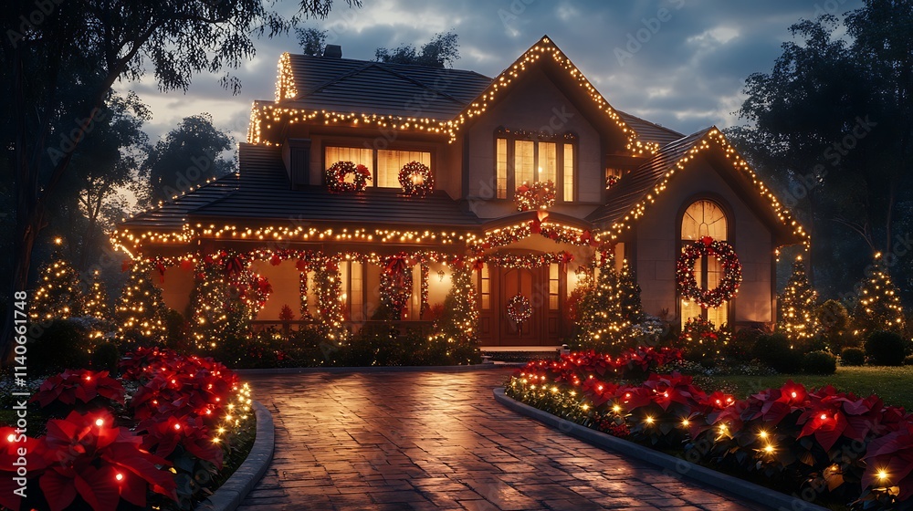 Obraz premium A holiday-themed house glowing with warm lights, poinsettias blooming vibrantly around the front yard, festive garlands and bows adorning the walls, serene evening glow, inviting and magical,