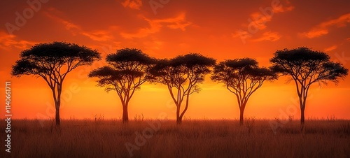 Silhouetted acacia trees stand gracefully against a stunning orange sunset, creating a serene and tranquil atmosphere in the vast savannah landscape.