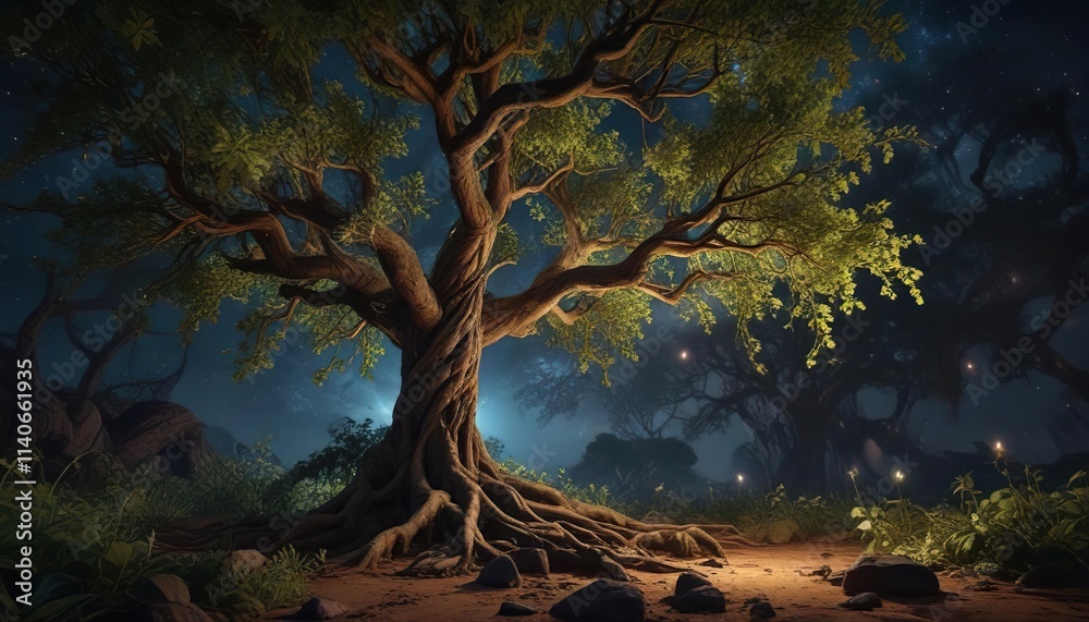 Fototapeta premium Roots and branches intertwined with vines and foliage under a canopy of stars, branches, tree, tree branches