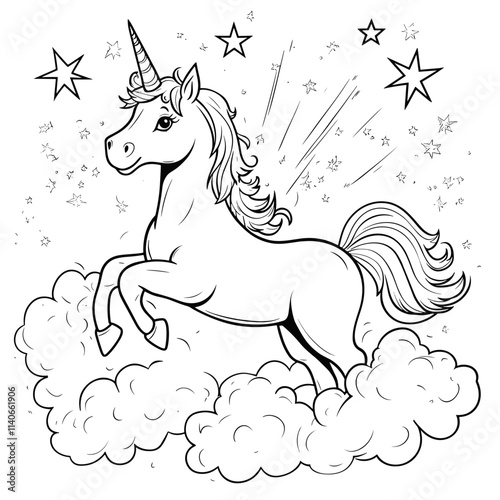 Charming unicorn prancing in fluffy clouds surrounded by twinkling stars for children's delight