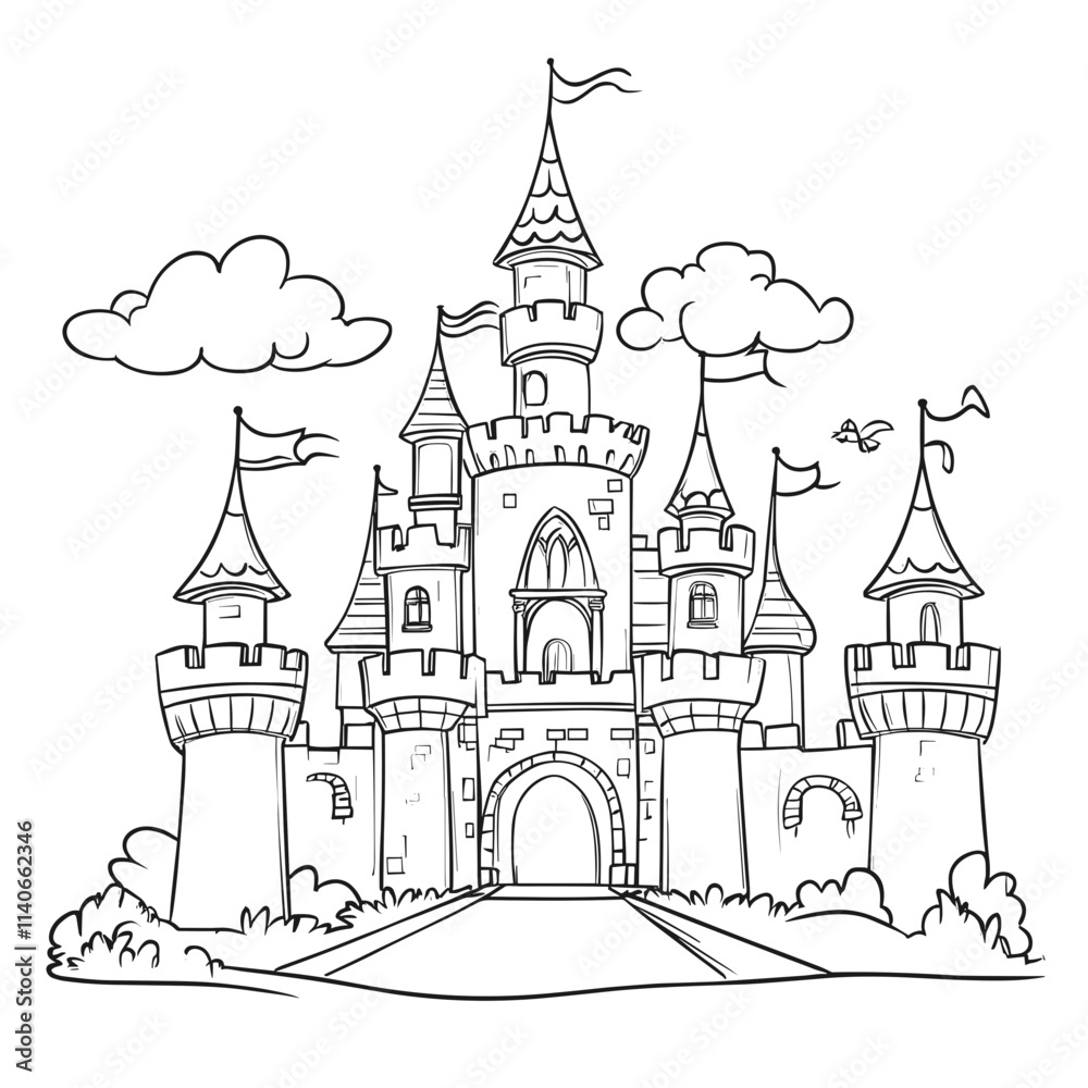 Fototapeta premium Cute castle vector illustration perfect for children's coloring activities with charming details and whimsical elements