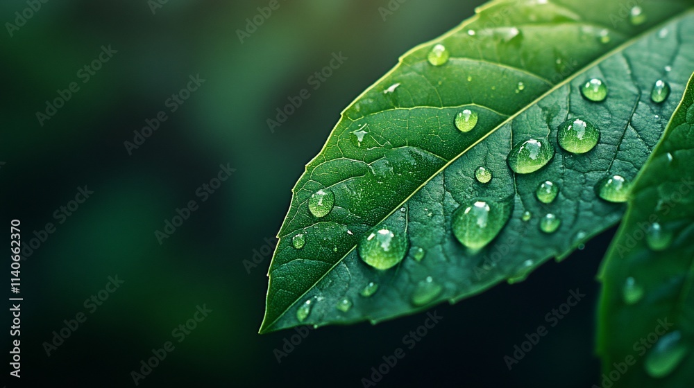 Close-up of dew drops on vibrant green leaves. Close-up of dew drops on vibrant green leaves.