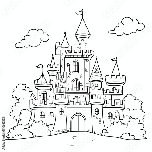 Cute coloring illustration of a cheerful castle surrounded by fluffy clouds and greenery perfect for children's creativity