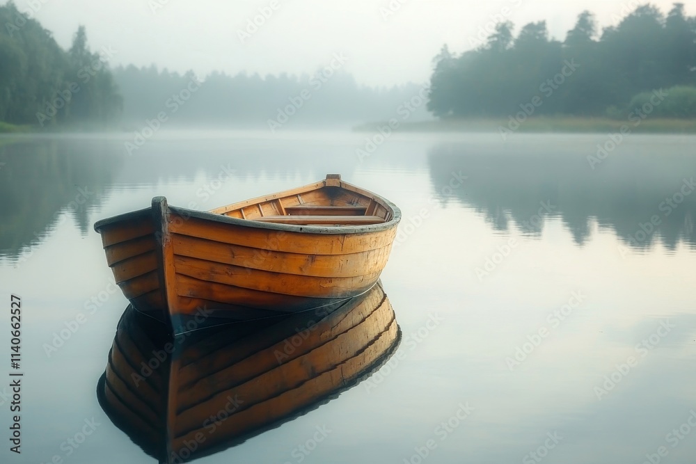 Fototapeta premium Old wooden boat floating on calm lake, reflection of trees in water, peaceful morning scene, Generative AI