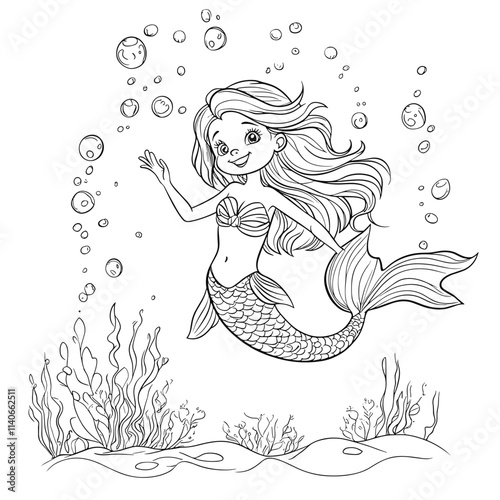 Underwater adventure with a cute mermaid waving and smiling among bubbles and ocean plants for children's coloring activity