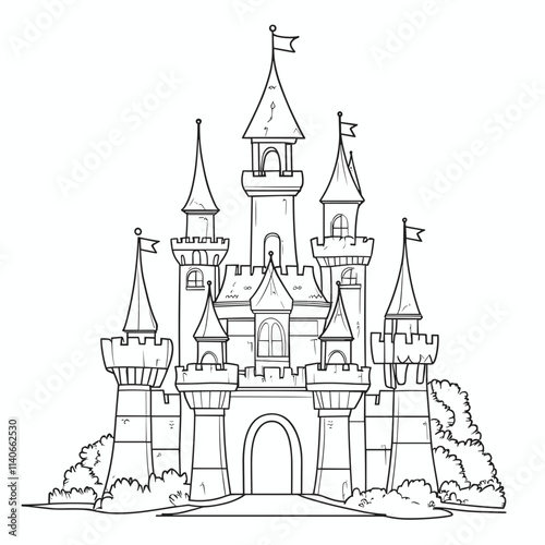 Cute vector castle design for children's coloring with charming towers and flags