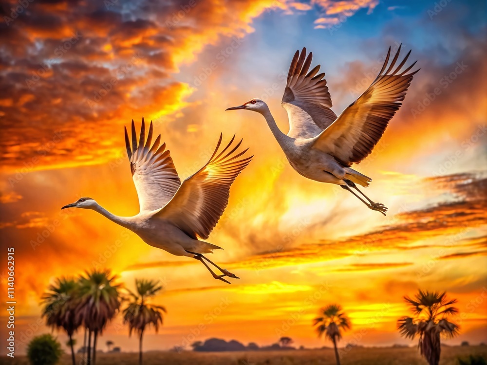 Naklejka premium Sarasota Sunset: Sandhill Crane Flight - Florida Wildlife Photography