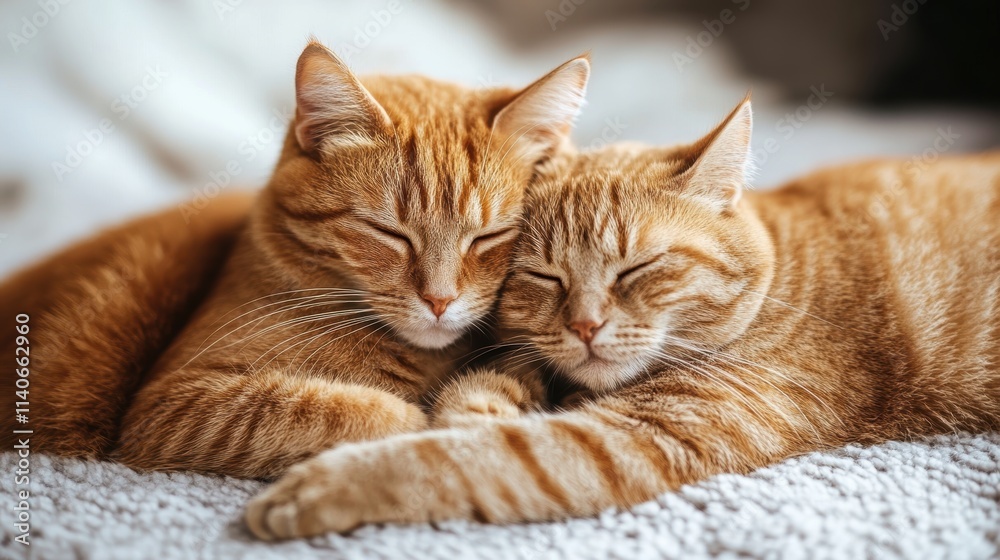 Two Adorable Ginger Cats Sleeping Peacefully Together on a Soft, Cozy Blanket in a Serene Domestic Setting, Radiating Comfort and Warmth Two Adorable Ginger Cats Sleeping Peacefully Together on a Soft, Cozy Blanket in a Serene Domestic Setting, Radiating Comfort and Warmth