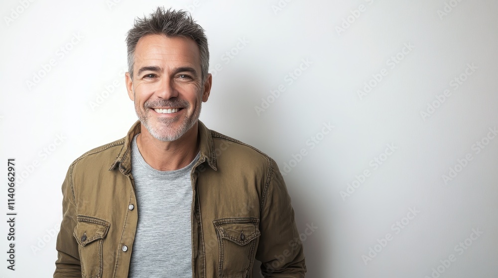 Fototapeta premium Portrait of a middle-aged man with a casual outfit, showing confidence and a friendly smile, against a white backdrop.