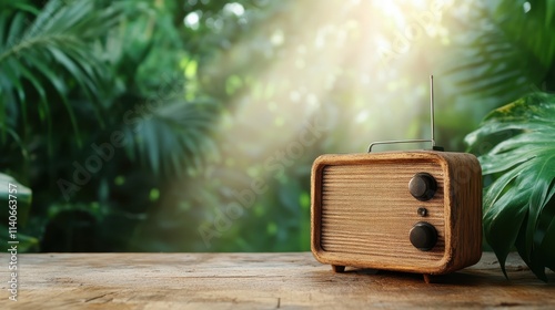 A vintage wooden radio with two knobs is placed on a rustic table, surrounded by lush green leaves, capturing a charming and nostalgic vibe in the setting. photo