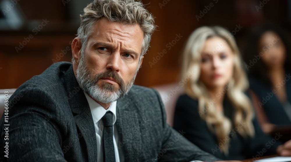 A focused and serious man in a formal suit listens intently inside a courtroom, with a blurred woman in the background, capturing a moment of legal tension. A focused and serious man in a formal suit listens intently inside a courtroom, with a blurred woman in the background, capturing a moment of legal tension.