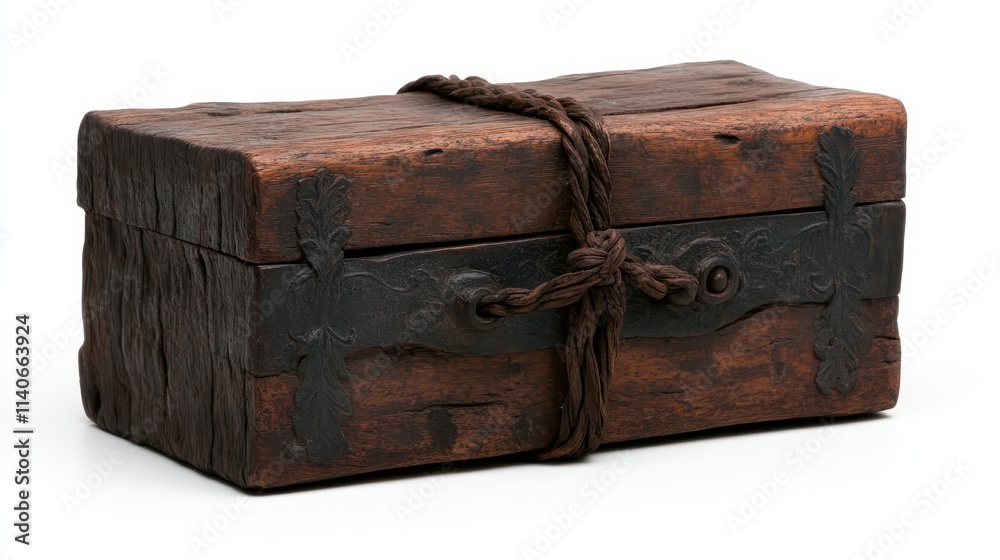 A rustic, antique wooden box is tightly secured with a coarse rope, showcasing weathered wood and metal details, suggesting timelessness and rustic charm. A rustic, antique wooden box is tightly secured with a coarse rope, showcasing weathered wood and metal details, suggesting timelessness and rustic charm.