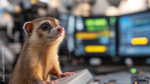 In a modern technology-filled space, a lively ferret explores with wide-eyed wonder, merging the natural world with technological innovation and discovery.