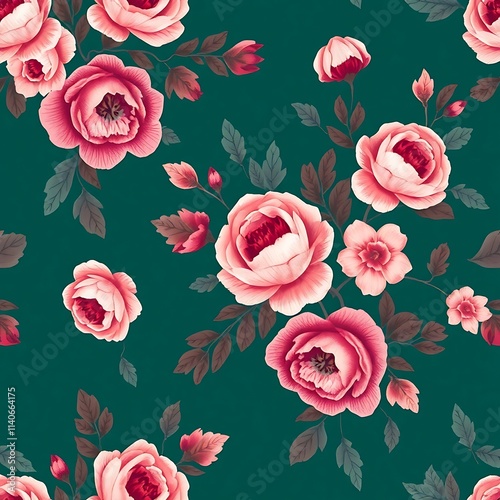 Wallpaper Mural Floral Enchantment:  A mesmerizing seamless pattern featuring delicate pink roses blooming against a lush teal backdrop.  A vibrant, romantic design. Torontodigital.ca