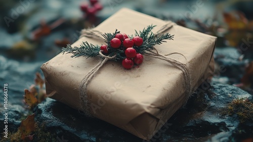 A gift wrapped in brown paper and tied with twine, decorated with a sprig of holly. photo