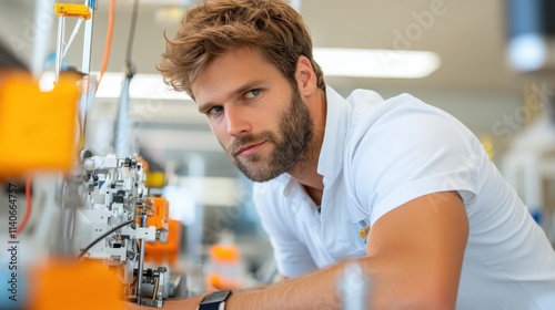 A focused engineer is seen in a workshop setting, meticulously fine-tuning complex machinery, exemplifying precision, dedication, and modern mechanical work. photo