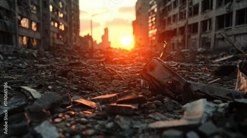 A desolate urban landscape, with debris and wreckage strewn across the ground, under a dramatic sunset sky, conveying themes of destruction and desolation amidst ruins. photo