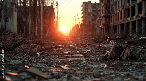 The image captures a sunset casting shadows over ruins and scattered debris in a desolate cityscape, creating an atmosphere of melancholy and decay within urban destruction.