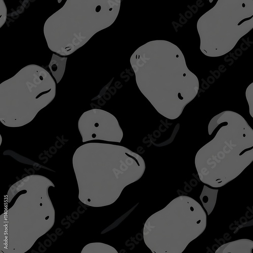 Spooky Ghostly Pattern:  Black background, gray ghostly shapes, spooky, halloween, pattern, seamless, design, digital art, abstract, wallpaper, fabric, background, illustration, vector, graphic. photo