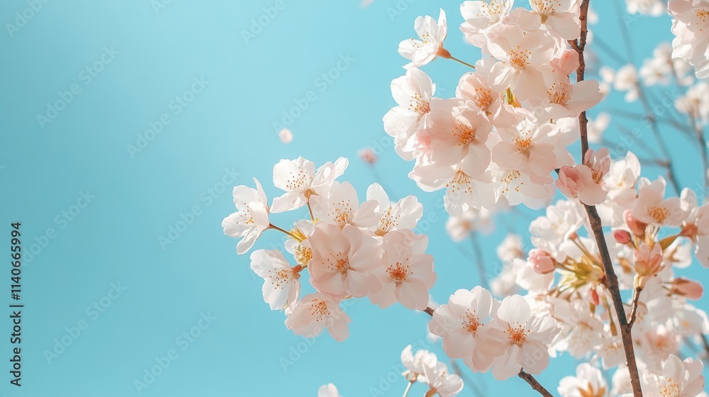 Fototapeta premium White cherry blossoms against bright blue sky, delicate spring flowers, wide banner, Generative AI