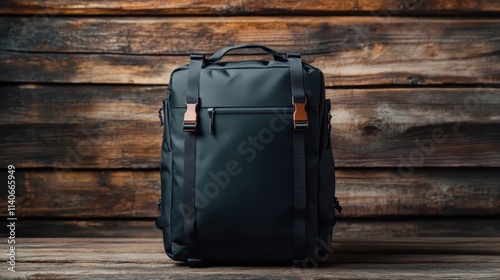 A minimalist black backpack, featuring rich brown buckle details, sits against a rustic wooden backdrop, ideal for everyday use with its simple and functional design. photo