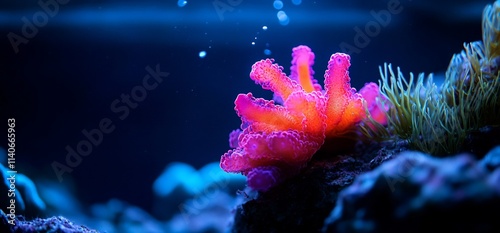 Vibrant pink coral underwater illuminated by blue light, bubbles rising. photo