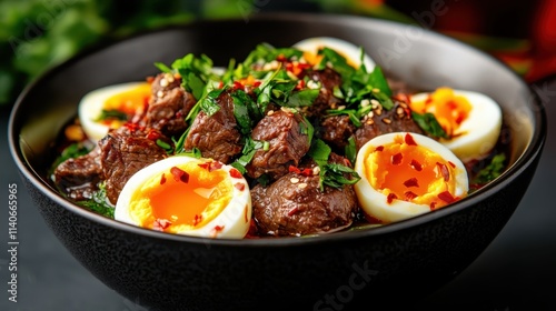 A sumptuous beef bowl topped with perfectly soft-boiled eggs, garnished with fresh herbs and a sprinkle of red chili flakes, creating a rich and satisfying meal.