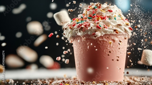 A festive pink milkshake brimming with whipped cream, colorful sprinkles, and tiny marshmallows, creating a whimsical and joyful treat full of excitement.